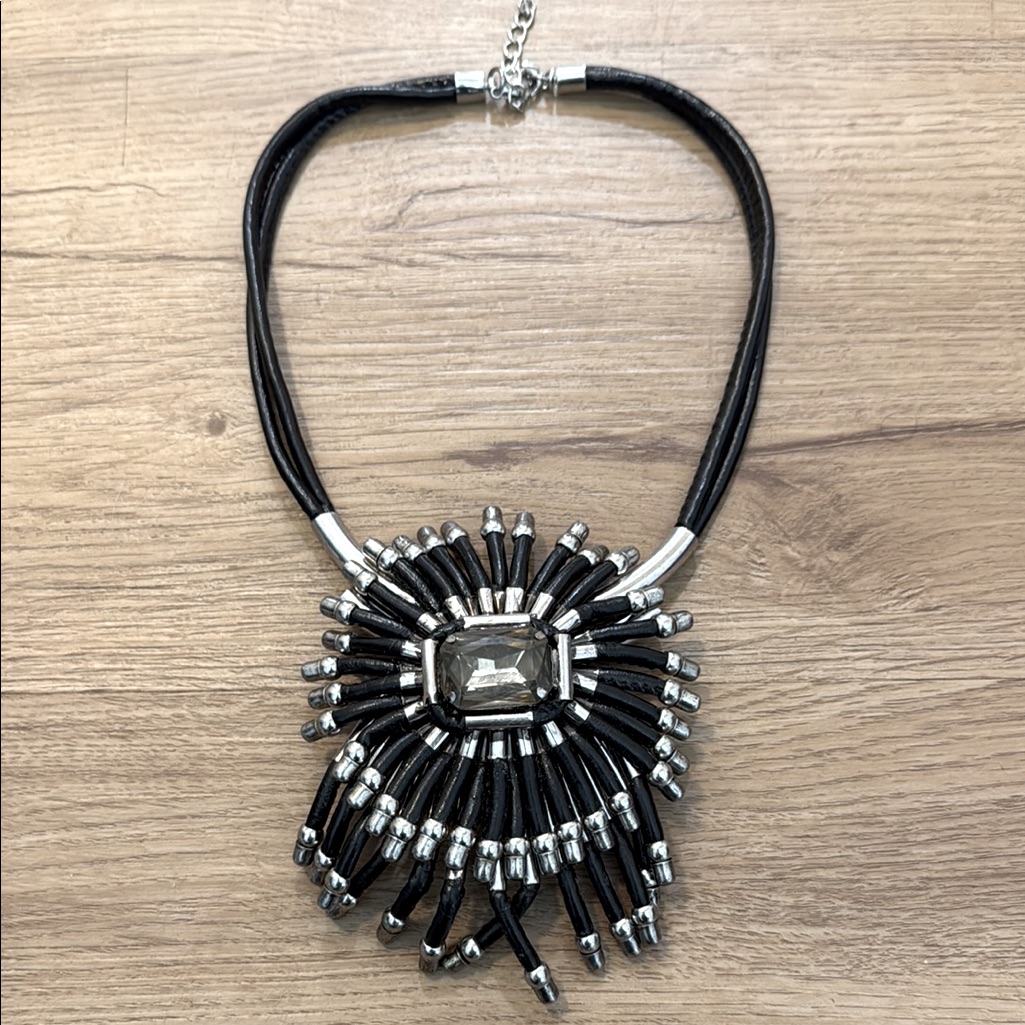 Made In France Black Leather Chain And Silver Statement Necklace